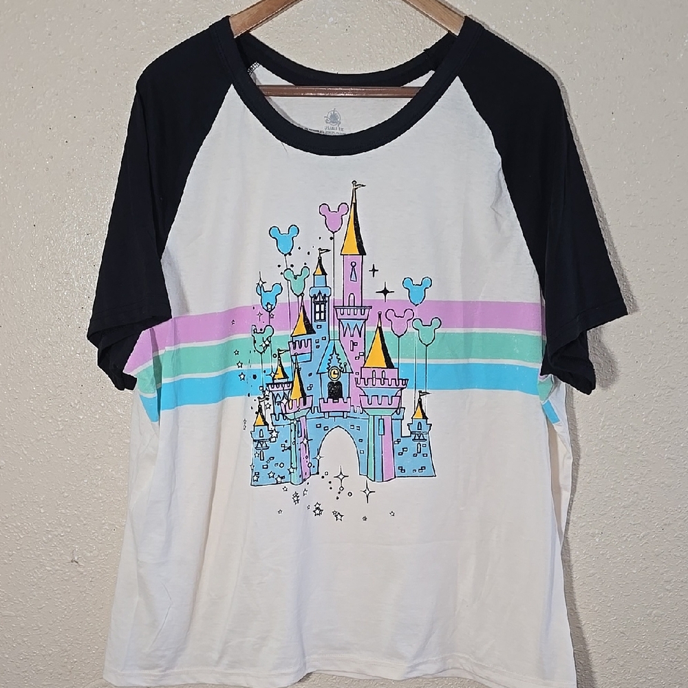 Disney White Black Raglan Tee with Pastel Castle Graphic